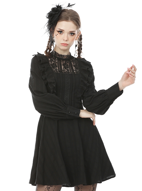 Dark Gothic Style Lace Stand Up Collar Sweet Ruffled Classic Black Slim Long Sleeves Dress