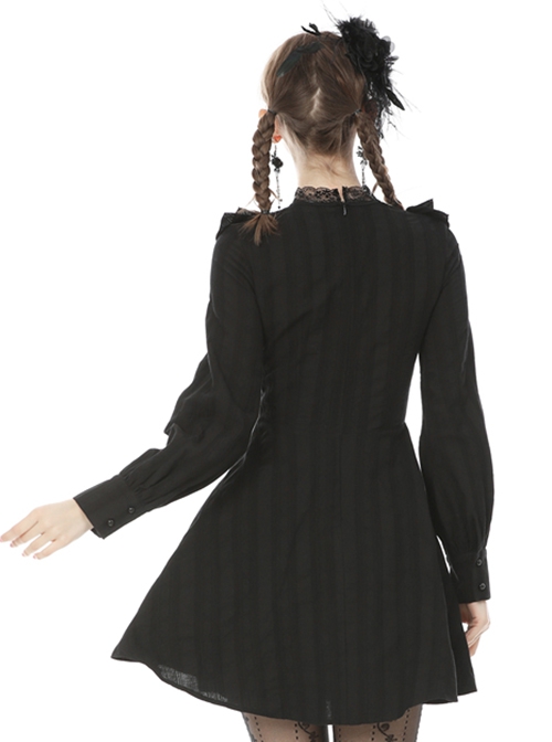 Dark Gothic Style Lace Stand Up Collar Sweet Ruffled Classic Black Slim Long Sleeves Dress