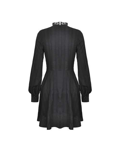 Dark Gothic Style Lace Stand Up Collar Sweet Ruffled Classic Black Slim Long Sleeves Dress