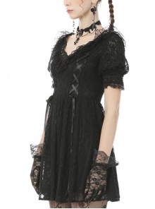 Gothic Style Retro Palace V-Neck Lace Frill Elegant Black Puff Sleeves Slim Short Dress