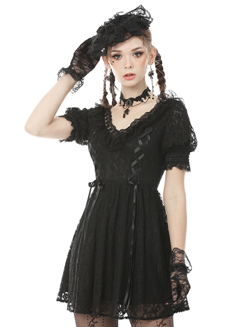 Gothic Style Retro Palace V-Neck Lace Frill Elegant Black Puff Sleeves Slim Short Dress