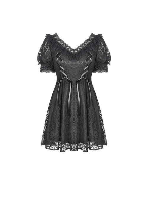 Gothic Style Retro Palace V-Neck Lace Frill Elegant Black Puff Sleeves Slim Short Dress