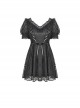 Gothic Style Retro Palace V-Neck Lace Frill Elegant Black Puff Sleeves Slim Short Dress