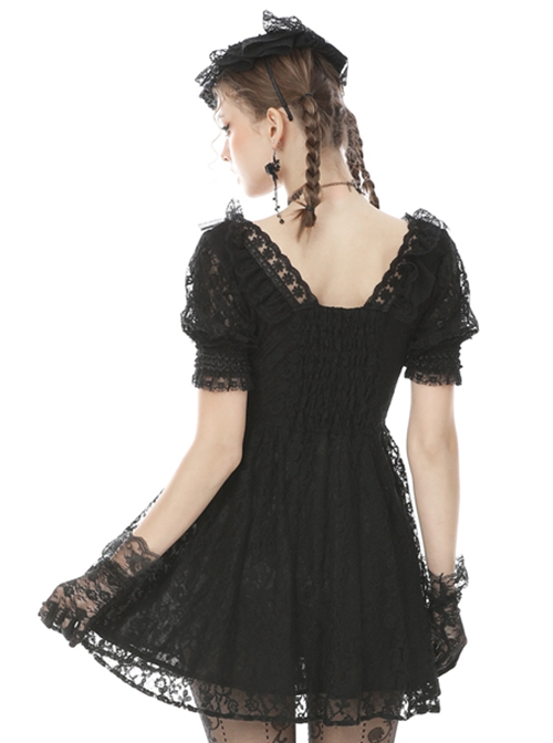 Gothic Style Retro Palace V-Neck Lace Frill Elegant Black Puff Sleeves Slim Short Dress
