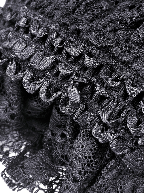 Gothic Style Retro Palace V-Neck Lace Frill Elegant Black Puff Sleeves Slim Short Dress