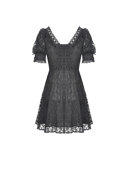 Gothic Style Retro Palace V-Neck Lace Frill Elegant Black Puff Sleeves Slim Short Dress
