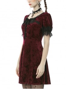 Gothic Style Luxury Velvet Black Lace Stitching Retro Wine Red Puff Sleeves Slim Dress