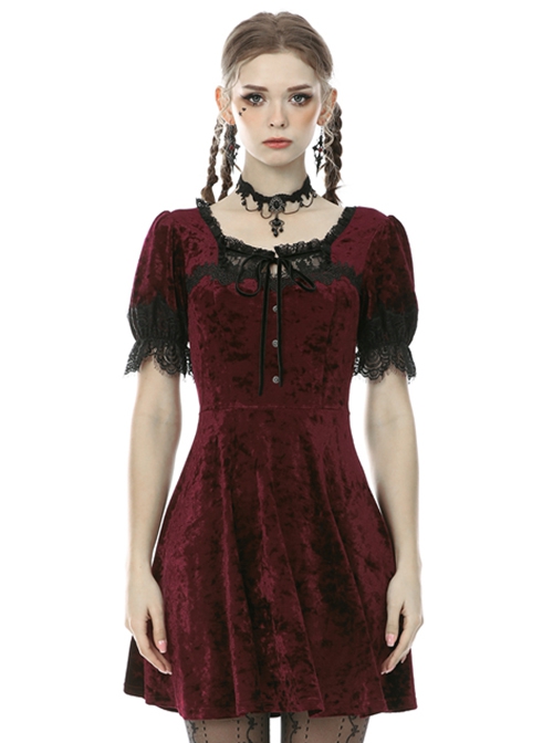 Gothic Style Luxury Velvet Black Lace Stitching Retro Wine Red Puff Sleeves Slim Dress