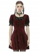 Gothic Style Luxury Velvet Black Lace Stitching Retro Wine Red Puff Sleeves Slim Dress