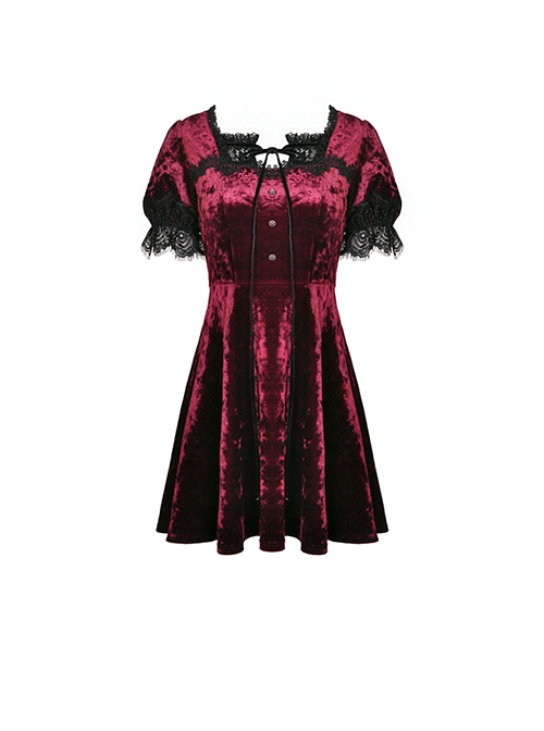 Gothic Style Luxury Velvet Black Lace Stitching Retro Wine Red Puff Sleeves Slim Dress