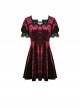 Gothic Style Luxury Velvet Black Lace Stitching Retro Wine Red Puff Sleeves Slim Dress