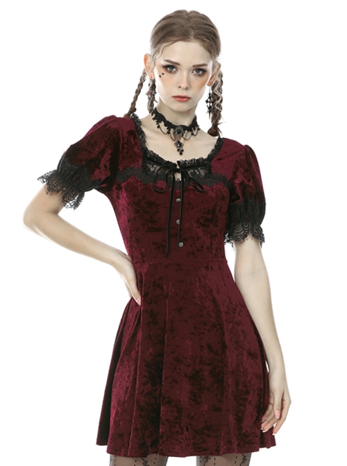 Gothic Style Luxury Velvet Black Lace Stitching Retro Wine Red Puff Sleeves Slim Dress