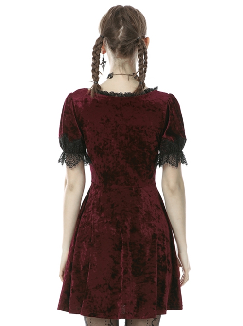 Gothic Style Luxury Velvet Black Lace Stitching Retro Wine Red Puff Sleeves Slim Dress