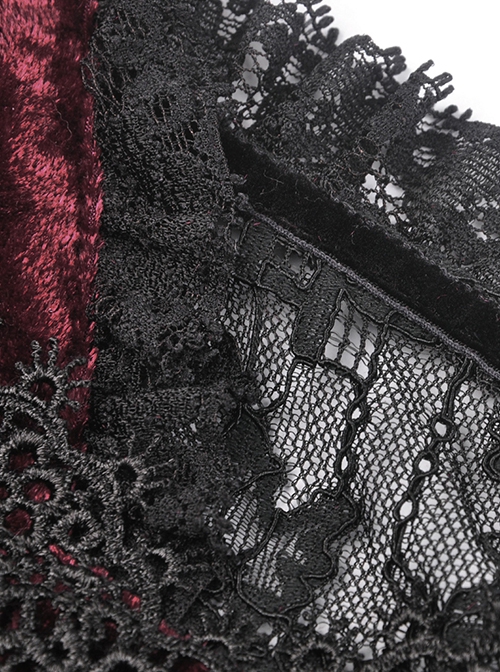 Gothic Style Luxury Velvet Black Lace Stitching Retro Wine Red Puff Sleeves Slim Dress