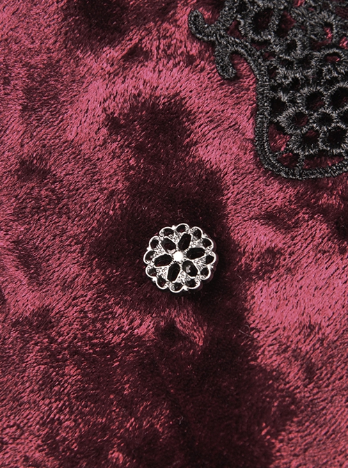 Gothic Style Luxury Velvet Black Lace Stitching Retro Wine Red Puff Sleeves Slim Dress