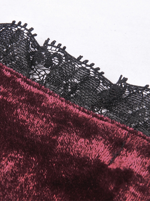 Gothic Style Luxury Velvet Black Lace Stitching Retro Wine Red Puff Sleeves Slim Dress