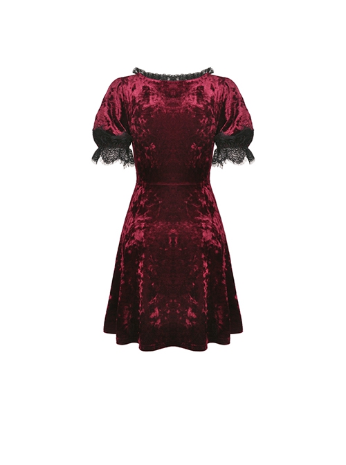 Gothic Style Luxury Velvet Black Lace Stitching Retro Wine Red Puff Sleeves Slim Dress
