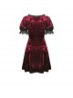 Gothic Style Luxury Velvet Black Lace Stitching Retro Wine Red Puff Sleeves Slim Dress