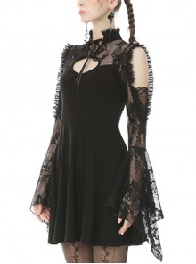 Gothic Style Stand Up Collar Lace Stitching Hollow Off Shoulder Black Trumpet Long Sleeves Dress