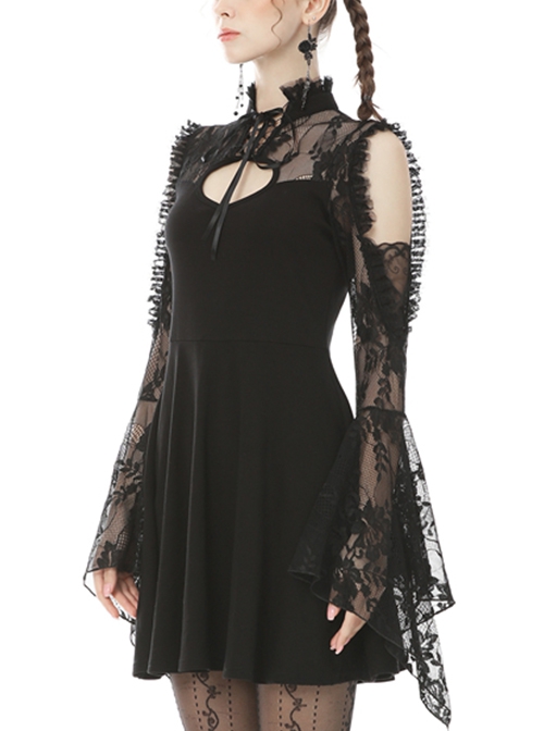 Gothic Style Stand Up Collar Lace Stitching Hollow Off Shoulder Black Trumpet Long Sleeves Dress