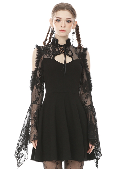 Gothic Style Stand Up Collar Lace Stitching Hollow Off Shoulder Black Trumpet Long Sleeves Dress
