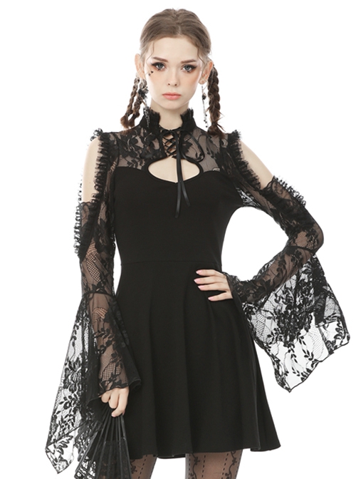 Gothic Style Stand Up Collar Lace Stitching Hollow Off Shoulder Black Trumpet Long Sleeves Dress