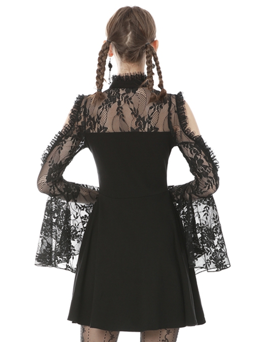 Gothic Style Stand Up Collar Lace Stitching Hollow Off Shoulder Black Trumpet Long Sleeves Dress