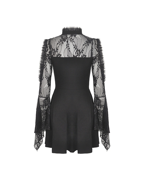 Gothic Style Stand Up Collar Lace Stitching Hollow Off Shoulder Black Trumpet Long Sleeves Dress