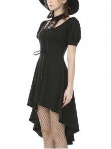 Punk Style Rock Halter Neck Puff Sleeve Hem Short Front And Long Back Black Slim Dress