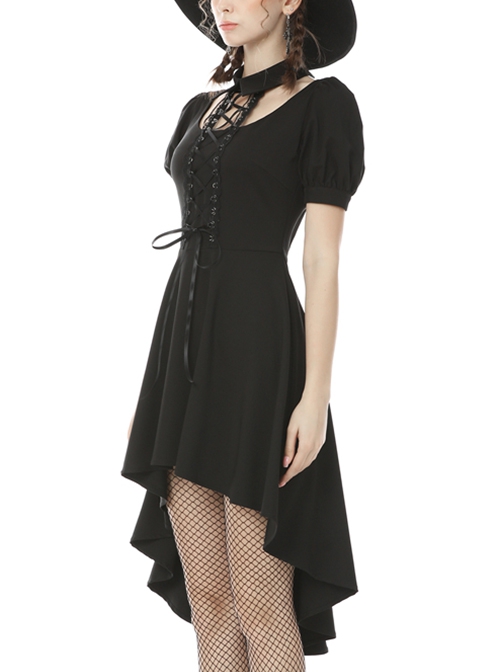 Punk Style Rock Halter Neck Puff Sleeve Hem Short Front And Long Back Black Slim Dress