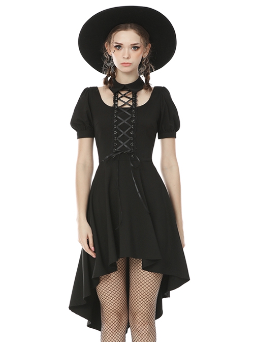 Punk Style Rock Halter Neck Puff Sleeve Hem Short Front And Long Back Black Slim Dress