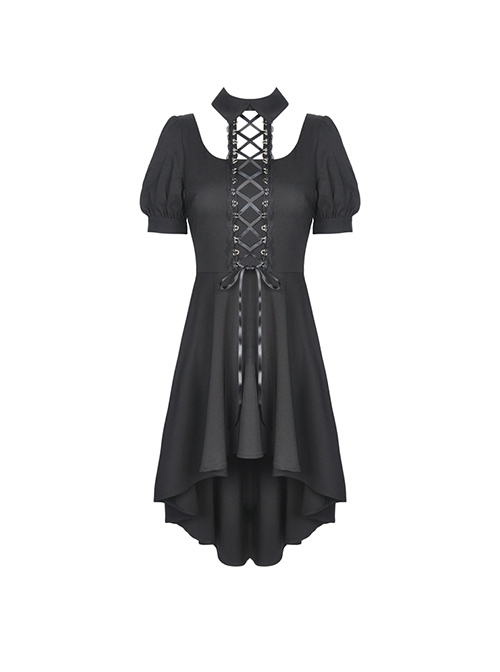 Punk Style Rock Halter Neck Puff Sleeve Hem Short Front And Long Back Black Slim Dress