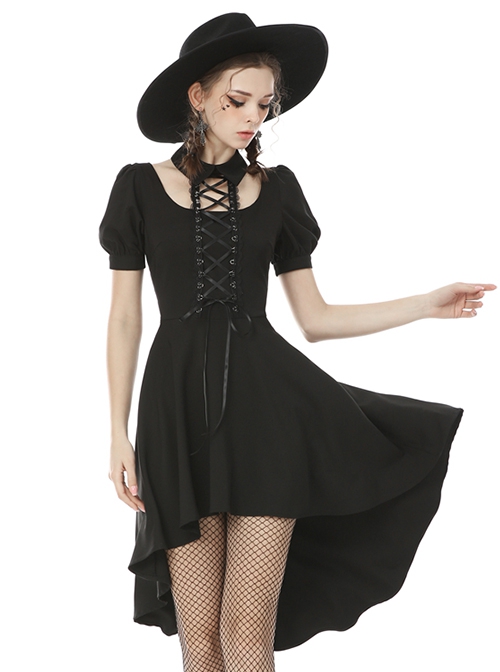 Punk Style Rock Halter Neck Puff Sleeve Hem Short Front And Long Back Black Slim Dress