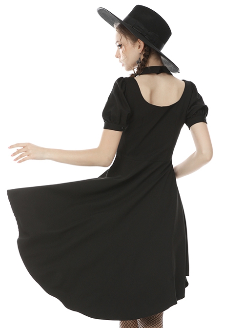 Punk Style Rock Halter Neck Puff Sleeve Hem Short Front And Long Back Black Slim Dress