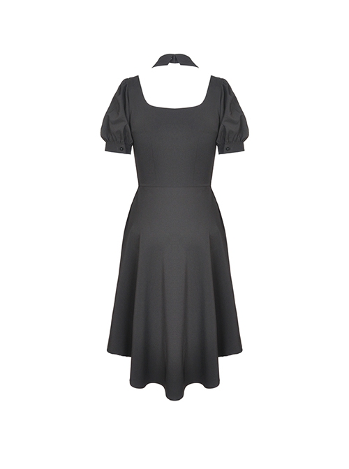 Punk Style Rock Halter Neck Puff Sleeve Hem Short Front And Long Back Black Slim Dress
