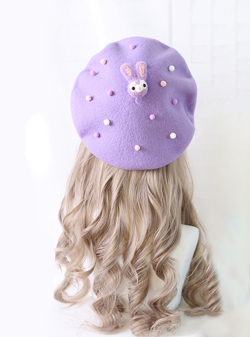 Japanese Style Cute Daily Stuffed Bunny Sweet Lolita Autumn Winter Woolen Taro Purple Beret Hat