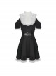 Gothic Style White Lace Splicing Stand Up Collar Off Shoulder Waist Leather Strap Black Puff Sleeves Dress