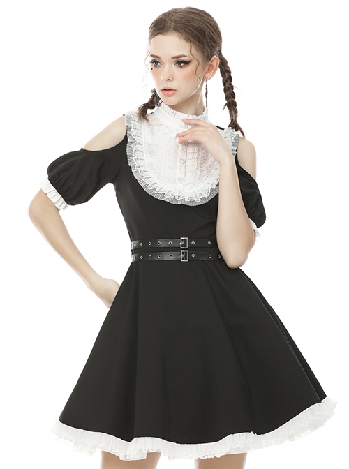 Gothic Style White Lace Splicing Stand Up Collar Off Shoulder Waist Leather Strap Black Puff Sleeves Dress