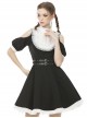 Gothic Style White Lace Splicing Stand Up Collar Off Shoulder Waist Leather Strap Black Puff Sleeves Dress