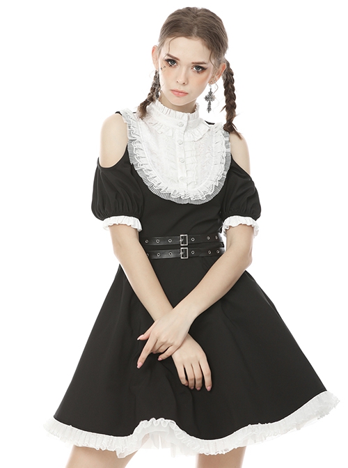 Gothic Style White Lace Splicing Stand Up Collar Off Shoulder Waist Leather Strap Black Puff Sleeves Dress