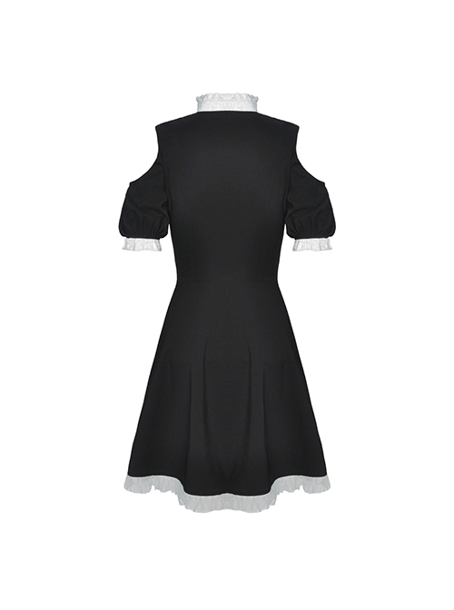 Gothic Style White Lace Splicing Stand Up Collar Off Shoulder Waist Leather Strap Black Puff Sleeves Dress