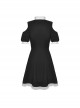 Gothic Style White Lace Splicing Stand Up Collar Off Shoulder Waist Leather Strap Black Puff Sleeves Dress