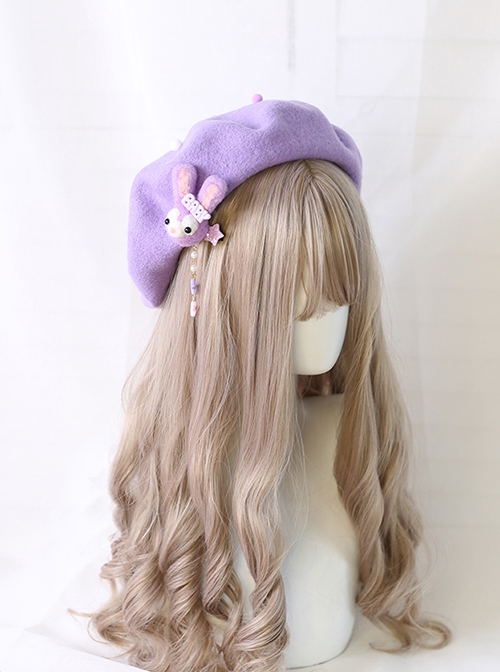 Taro Purple Autumn Winter Woolen Japanese Style Elegant Kawaii Daily Plush Star Bunny Clip Sweet Lolita Beret Hat