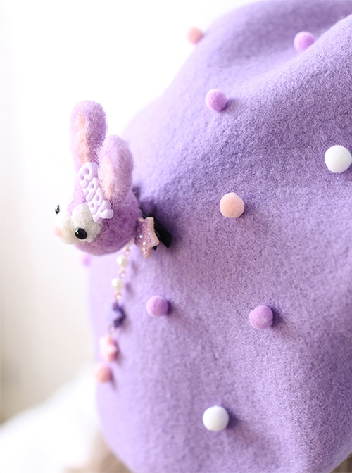Taro Purple Autumn Winter Woolen Japanese Style Elegant Kawaii Daily Plush Star Bunny Clip Sweet Lolita Beret Hat