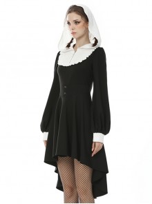 Dark Gothic Style Elegant Nun Like White Spliced Neckline Hood Lantern Sleeve Black Dress