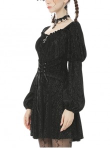 Gothic Style Luxury Shiny Silver Velvet Metal Cross Decorated Black Elegant Long Sleeves Dress