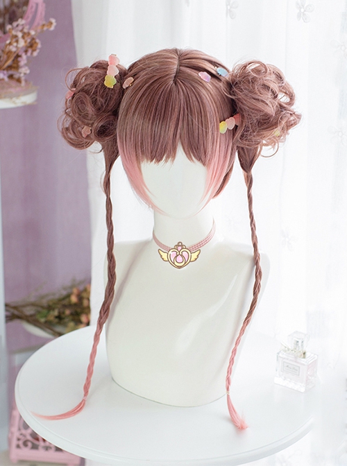 Brown Pink Gradient Curly Flower Bud Tiger Mouth Clip Double Ponytail Twist Braids Flat Bangs Sweet Lolita Wig