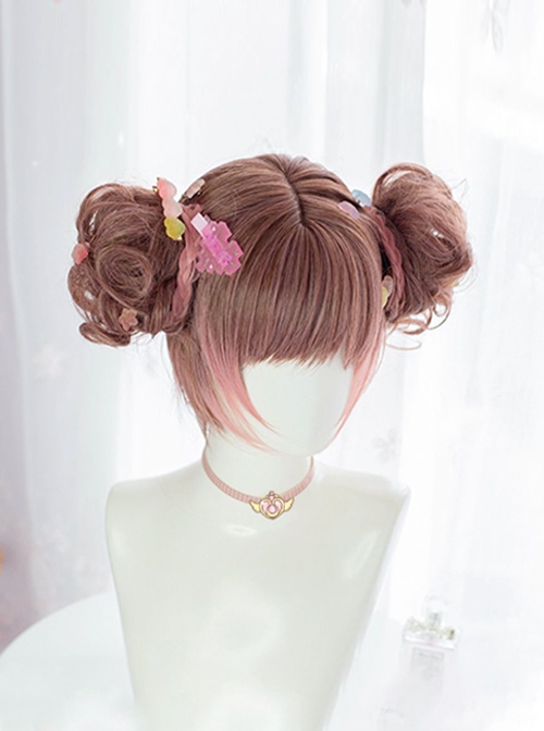 Brown Pink Gradient Curly Flower Bud Tiger Mouth Clip Double Ponytail Twist Braids Flat Bangs Sweet Lolita Wig