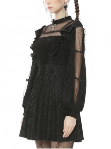 Gothic Style Stand Collar Polka Dot Mesh Lace Stitching Bowknot Cross Pendant Long Sleeves Dress