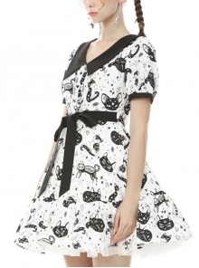 Gothic Style Elegant Lapel Love Button Unique Magic Cat Print Black And White Short Sleeves Dress